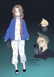 Rule 34 | 1boy, 1girl, aerith gainsborough, alternate costume, animal print, black shirt, blonde hair, blue eyes, blue jacket, blush, brown hair, cellphone, chibi, cloud strife, curly hair, earrings, final fantasy, final fantasy vii, final fantasy vii remake, full body, glasses, green background, green eyes, hair over shoulder, highres, jacket, jewelry, krudears, low ponytail, pajamas, pants, pants rolled up, parted bangs, phone, rabbit print, sandals, shirt, single earring, sky, spiked hair, square enix, star (sky), starry sky, upper body