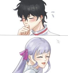 Rule 34 | 1boy, 1girl, bad tag, black clover, black hair, blush, closed eyes, husband and wife, noelle silva, royal couple, smile, twintails, yuno (black clover)