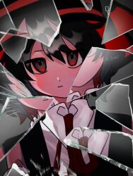 Rule 34 | 1other, 25 tumi, androgynous, app filter, bare shoulders, black coat, black eyes, black hair, black hat, bow, bowtie, broken glass, closed mouth, coat, collared shirt, commentary request, detached sleeves, enraku tsubakura, expressionless, glass, glass shards, glowing, glowing eyes, grey background, hat, high collar, highres, len&#039;en, light blush, looking at viewer, other focus, red bow, red bowtie, red hat, shirt, short hair, sleeveless, sleeveless coat, sleeveless shirt, solo, straight-on, top hat, twitter username, two-sided fabric, two-sided headwear, upper body, white shirt, white sleeves