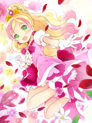 Rule 34 | 1girl, :d, blonde hair, blush, bow, cure flora, earrings, eyebrows, floral background, flower, flower earrings, flower necklace, full body, gloves, go! princess precure, green eyes, haruno haruka, jewelry, kurasuke, long hair, looking at viewer, magical girl, multicolored hair, necklace, open mouth, petals, pink bow, pink hair, pink skirt, precure, shoes, skirt, smile, solo, streaked hair, thick eyebrows, two-tone hair, waist bow, white footwear, white gloves