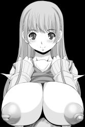 1girl breasts female_focus huge_breasts inverted_nipples kantori long_hair monochrome nipples smile