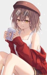Rule 34 | 1girl, :d, artist name, bare shoulders, brown eyes, brown hair, brown shorts, casual, coffee, coffee mug, cup, eyewear on head, grin, highres, holding, holding cup, hololive, hololive english, jacket, leonardo 566, long sleeves, looking at viewer, mug, nanashi mumei, open mouth, red jacket, shirt, short hair, shorts, simple background, sleeveless, sleeveless shirt, smile, solo, sunglasses, teeth, virtual youtuber, white background, white shirt
