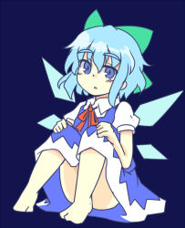 Rule 34 | 1girl, barefoot, blue background, blue eyes, blue hair, blush, bow, cirno, collared shirt, convenient leg, dress, eyebrows, full body, hair bow, ice, ice wings, kibisake, looking at viewer, matching hair/eyes, no panties, open mouth, s katsuo, shirt, short hair, simple background, sitting, solo, thick eyebrows, touhou, upskirt, wings