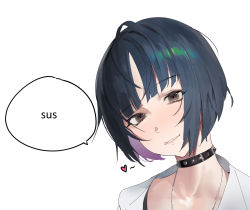 Rule 34 | 1girl, among us, black choker, black hair, bob cut, brown eyes, choker, colored inner hair, english text, godekasu, head tilt, heart, highres, jewelry, lab coat, looking at viewer, meme, multicolored hair, necklace, persona, persona 5, simple background, smile, solo, studded choker, takemi tae, upper body, white background