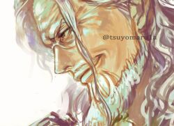 Rule 34 | 1boy, beard, close-up, commentary, facial hair, glasses, long hair, looking ahead, male focus, one piece, profile, sidelocks, silvers rayleigh, simple background, smile, solo, tsuyomaru, v-shaped eyebrows, white background, white hair