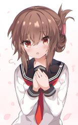 Rule 34 | 1girl, absurdres, black sailor collar, brown eyes, brown hair, fathom, folded ponytail, hands on own chest, highres, inazuma (kancolle), kantai collection, long hair, looking at viewer, petals, red neckwear, sailor collar, simple background, solo, upper body, white background