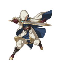 Rule 34 | 1boy, belt, boots, brown footwear, brown gloves, clenched hands, closed mouth, coat, detached sleeves, faceless, fire emblem, fire emblem heroes, full body, gloves, gold trim, hands up, highres, holding, holding sword, holding weapon, hood, kiran (fire emblem), knee boots, long coat, long sleeves, male focus, nintendo, non-web source, official art, open clothes, pants, parted lips, solo, sword, transparent background, weapon, white coat, white pants