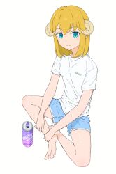 Rule 34 | 1girl, barefoot, blonde hair, blue eyes, can, feet, horns, kurei 9 0, long hair, looking at viewer, sheep horns, shirt, shorts, soles, t-shirt, toes