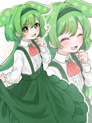 Rule 34 | 1girl, adapted costume, ahirudakku, buttons, center frills, closed eyes, collared shirt, frills, green hair, green hairband, green skirt, hairband, hand up, highres, light blush, long hair, long sleeves, looking at viewer, open mouth, outline, shirt, skirt, skirt hold, smile, sparkle, suspender skirt, suspenders, voicevox, white outline, white shirt, yellow eyes, zoom layer, zundamon