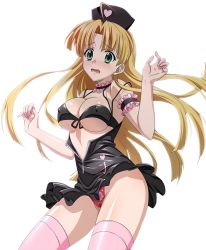 Rule 34 | 10s, 1girl, ahoge, asia argento, black dress, black hat, blonde hair, breasts, choker, cleavage, cowboy shot, dress, floating hair, front-tie top, green eyes, hat, high school dxd, large breasts, long hair, panties, pink thighhighs, red panties, shiny skin, solo, standing, thighhighs, transparent background, underboob, underwear, unzipped, very long hair