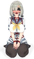 Rule 34 | 10s, 1girl, absurdres, ball gag, bdsm, blindfold, blue nails, blush, bondage, bound, bound wrists, breasts, collar, crotch rope, female focus, full body, gag, gagged, hair ornament, hairclip, hamakaze (kancolle), highres, huge breasts, jewelry, kantai collection, kei (soundcross), large breasts, nail polish, pantyhose, ring, school uniform, serafuku, shibari, short hair, silver hair, simple background, sitting, solo, wedding band, white background, wiffle gag