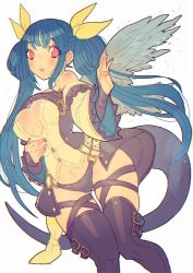 Rule 34 | 1girl, blue hair, breasts, commentary request, dizzy (guilty gear), guilty gear, hair ribbon, long hair, looking at viewer, navel, red eyes, ribbon, simple background, solo, tail, thigh strap, thighhighs, white background, wings, yohane shimizu, yohane shimizu