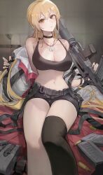 Rule 34 | 1girl, absurdres, ammunition, ammunition pouch, assault rifle, bare shoulders, black choker, black shorts, black sports bra, black thighhighs, blonde hair, breasts, bullpup, cartridge, choker, cleavage, collarbone, dog tags, expressionless, fingerless gloves, girls&#039; frontline, girls&#039; frontline 2: exilium, gloves, gun, hair between eyes, highres, holding, holding gun, holding weapon, huinjebi, jacket, large breasts, long hair, looking at viewer, magazine (weapon), navel, open clothes, open jacket, ots-14 (girls&#039; frontline), ots-14 groza, ponytail, pouch, rifle, short shorts, shorts, sidelocks, single thighhigh, sitting, solo focus, sports bra, thighhighs, undressing, very long hair, weapon, white jacket, yellow eyes