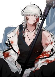 Rule 34 | 1boy, arknights, bandaged arm, bandages, bandaid, bandaid on arm, bandaid on cheek, bandaid on face, bare shoulders, black hair, black shirt, blood, blood on clothes, blood on face, closed mouth, coat, cuts, detached sleeves, elysium (arknights), feather hair, highres, injury, jewelry, long sleeves, looking at viewer, male focus, medium hair, mtk (souko), multicolored hair, necklace, off shoulder, open clothes, open coat, polearm, red hair, shirt, short hair, sitting, sleeveless, smile, solo, streaked hair, torn clothes, torn shirt, unzipped, weapon, white background, white hair