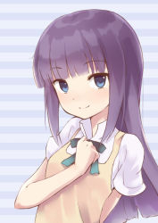 Rule 34 | 1girl, apron, arm behind back, bad id, bad pixiv id, blue eyes, blunt bangs, hand on own chest, kyuri, long hair, looking at viewer, purple hair, short sleeves, smile, solo, striped, striped background, tsurime, upper body, waitress, working!!, yamada aoi