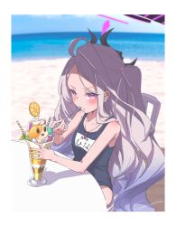 Rule 34 | 1girl, absurdres, ahoge, ass, bare shoulders, beach, blue archive, blush, breasts, demon girl, demon horns, eating, food, forehead, hair between eyes, hair ornament, hair over shoulder, hairclip, halo, highres, hina (blue archive), hina (swimsuit) (blue archive), holding, holding spoon, horns, ice cream, long hair, looking at viewer, ocean, off shoulder, one-piece swimsuit, parasol, parted bangs, purple eyes, school swimsuit, shadow, single hair ring, sitting, sleeveless, small breasts, solo, spoon, sundae, swimsuit, thighs, umbrella, whistle, whistle around neck, yo na