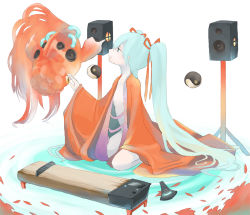 Rule 34 | aqua hair, fish, goldfish, hatsune miku, instrument, koto (instrument), long hair, naked robe, open clothes, robe, sitting, solo, speaker, tansuke, twintails, vocaloid