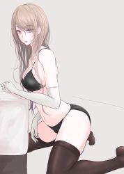 Rule 34 | 1girl, akiyama cz4a, alternate hair color, arm at side, arm rest, black bra, black panties, black thighhighs, blush, bra, breasts, brown hair, cleavage, couch, covered erect nipples, earrings, elbow gloves, eyes visible through hair, from side, gloves, gradient hair, hair between eyes, highres, hip focus, jewelry, lips, long hair, looking at viewer, looking to the side, makeup, mascara, mature female, medium breasts, mole, mole under eye, multicolored hair, o-ring, o-ring bottom, o-ring top, panties, parted lips, platinum blonde hair, purple background, purple eyes, simple background, skindentation, solo, stud earrings, thighhighs, touhou, trigram, underwear, very long hair, white gloves, yakumo yukari