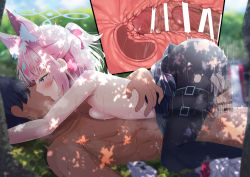 Rule 34 | 1boy, 1girl, animal ears, bar censor, blue archive, blue eyes, blurry, blurry background, blush, breasts, censored, cross-section, fox ears, girl on top, grass, halo, highres, kiss, madotsukumo, niko (blue archive), pink hair, sensei (blue archive), sex, small breasts, sweat, torn clothes
