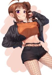 Rule 34 | 1girl, ahoge, beige background, black choker, black jacket, black shorts, breasts, brown hair, buttons, choker, closed mouth, contrapposto, cowboy shot, crop top, crop top overhang, cropped jacket, cutoffs, denim, denim jacket, denim shorts, drill hair, dutch angle, earrings, fishnet pantyhose, fishnets, hand in own hair, hand on own hip, hand up, highres, idolmaster, idolmaster million live!, jacket, jewelry, kamille (vcx68), pantyhose under shorts, long sleeves, looking at viewer, medium breasts, medium hair, midriff, navel, off shoulder, open clothes, open jacket, orange shirt, pantyhose, pocket, purple eyes, shirt, short shorts, shorts, side ponytail, sidelocks, sleeves past wrists, solo, standing, two-tone background, white background, yokoyama nao