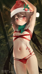 Rule 34 | 1girl, armpits, arms up, bikini, blush, breasts, brown hair, candy, candy cane, food, genshin impact, green scarf, hat, highres, hu tao (genshin impact), kani fish, looking at viewer, navel, red bikini, red eyes, red headwear, restrained, santa hat, scarf, small breasts, standing, stomach, swimsuit, symbol-shaped pupils, tree, twintails, underboob