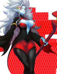 Rule 34 | 1girl, blue skin, breasts, colored skin, demon girl, demon tail, dragon ball, dragon ball heroes, dragon ball xenoverse, earrings, formal, jewelry, large breasts, lipstick, long hair, looking at viewer, makeup, ommmyoh, pearl earrings, pointy ears, potara earrings, purple lips, red suit, staff, suit, tail, towa (dragon ball), white hair, yellow eyes