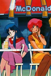 Rule 34 | 1980s (style), 2girls, arm behind back, blue eyes, blue hair, bracelet, chair, dirty pair, dress, drinking straw, hand on lap, hand on own cheek, hand on own face, highres, jewelry, kei (dirty pair), long hair, mcdonald&#039;s, mouth hold, mughi, multiple girls, official art, oldschool, open mouth, pantyhose, pink dress, red eyes, red hair, retro artstyle, short hair, short sleeves, sitting, sleeves past elbows, takachiho haruka, yuri (dirty pair)