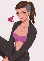 Rule 34 | 1girl, :p, absurdres, alexkota1115, arrow through heart, black jacket, black pants, breasts, brown hair, cleavage, collarbone, cropped jacket, eyelashes, grey background, hair pulled back, heart, high ponytail, highres, jacket, long hair, long sleeves, looking at viewer, medium breasts, navel, navel piercing, original, pants, panty straps, piercing, pink eyes, ponytail, simple background, sitting, solo, spread legs, tongue, tongue out, undercut, v arms