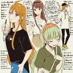 Rule 34 | 3girls, ahoge, bag, baseball cap, black hairband, black headwear, black pants, black shirt, black sleeves, blue pants, blunt bangs, brown eyes, brown hair, brown jacket, bubble tea, buttons, clenched hand, closed eyes, closed mouth, clothes around waist, coattails, collarbone, collared shirt, commentary request, cowboy shot, cross-laced footwear, cup, denim, disposable cup, drink, drinking straw, earrings, eyelashes, full body, green hair, green shirt, green sleeves, grey background, hairband, hand on headwear, hand on own hip, hat, headband, highres, holding, holding drink, hoop earrings, idolmaster, idolmaster million live!, jacket, jacket around waist, jeans, jewelry, lace hairband, light blush, long hair, looking at hand, looking to the side, lower teeth only, multiple girls, multiple views, open mouth, orange hair, orange headband, oversized clothes, pants, parted lips, puffy cheeks, purple eyes, shimabara elena, shirt, shoes, short sleeves, shoulder bag, sidelocks, simple background, smile, sneakers, straight hair, t-shirt, tanaka kotoha, teeth, text focus, tokoro megumi, translation request, upper body, very long hair, watch, wavy hair, white bag, white bracelet, white shirt, white sleeves, witoi (roa), wristwatch, yellow footwear