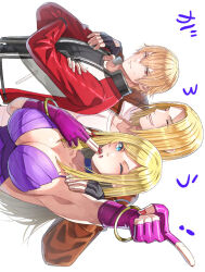 1girl aosa_(jmzg2528) bare_shoulders belt blonde_hair blue_eyes bomber_jacket bracelet breasts choker cleavage dress fatal_fury fingerless_gloves garou:_mark_of_the_wolves gloves highres jacket jenet_behrn jewelry large_breasts long_hair looking_at_viewer multiple_boys purple_choker purple_dress rock_howard smile snk terry_bogard