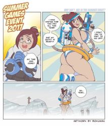 Rule 34 | 1girl, ass, bird, breasts, brown hair, comic, disappointed, glasses, igloo, large breasts, mei (overwatch), one-piece swimsuit, outdoors, overwatch, overwatch 1, penguin, sideboob, snow, snow shelter, solo, swimsuit, tagme, thick thighs, thighs, visor cap