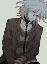 Rule 34 | 1boy, ai (meira32373165), black jacket, chain, chained, collar, collarbone, danganronpa (series), danganronpa another episode: ultra despair girls, grey background, grey hair, highres, jacket, komaeda nagito, long sleeves, looking at viewer, male focus, medium hair, messy hair, metal collar, official alternate costume, open clothes, open jacket, open mouth, pants, servant (danganronpa), shirt, simple background, sitting, smile, solo, striped clothes, striped shirt, teeth, upper teeth only