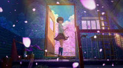 Rule 34 | 1girl, aqua eyes, black cat, black socks, brown footwear, brown hair, cat, cherry blossoms, closed mouth, collared shirt, commentary request, day, desk, door, fire extinguisher, from behind, graduation, hand up, highres, holding, indoors, kneehighs, ladder, loafers, looking at viewer, looking back, neck ribbon, open door, open window, original, paint can, petals, plaid, plaid skirt, pleated skirt, railing, red skirt, ribbon, school desk, shirt, shoes, short hair, shuu illust, signature, skirt, sleeves rolled up, smile, socks, solo, spring (season), stairs, traffic cone, tree, tube, wall, white shirt, wide shot, window