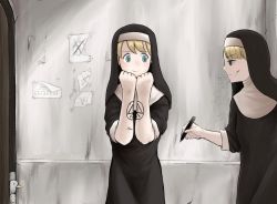 Rule 34 | 2girls, bird, blonde hair, blue eyes, blush, body writing, brown eyes, closed mouth, clumsy nun (diva), commentary, constantine, cowboy shot, diva (hyxpk) (style), door, duck, eyes visible through hair, habit, highres, holding, holding marker, little nuns (diva), looking at another, looking to the side, marker, multiple girls, mumu (0x3777), nun, paper, parody, short hair, smile, spicy nun (diva), standing, style parody, symbol-only commentary, traditional nun