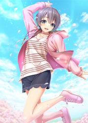 Rule 34 | 1girl, arm up, black eyes, blush, cherry blossoms, cloud, cloudy sky, day, full body, grey hair, highres, hood, hood down, hooded jacket, idolmaster, idolmaster cinderella girls, jacket, jewelry, jumping, key, key necklace, lens flare, looking at viewer, necklace, nomura teruya, open mouth, otokura yuuki, shoes, short hair, sky, smile, sneakers, solo