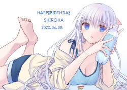 Rule 34 | 1girl, 2023, akausagi, alternate costume, barefoot, blue eyes, blue shirt, blush, bottle, breasts, casual, character name, cleavage, commentary request, dated, eyelashes, eyes visible through hair, feet, hair between eyes, hair spread out, happy birthday, highres, holding, holding bottle, jacket, jewelry, knees out of frame, large breasts, long hair, long sleeves, looking at viewer, lying, naruse shiroha, necklace, off shoulder, on stomach, open mouth, shirt, sidelocks, simple background, sleeveless, sleeveless shirt, soles, solo, summer pockets, the pose, toes, very long hair, white background, yellow jacket