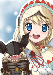 Rule 34 | 1girl, blonde hair, blue eyes, claws, gloves, highres, hood, lagombi, lagombi (armor), looking at viewer, monster, monster hunter (series), monster hunter portable 3rd, open mouth, snow, whitewisewolf, wisewolf art