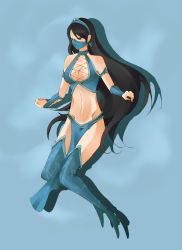Rule 34 | 1girl, black hair, breasts, brown eyes, earrings, female focus, full body, gradient background, hairband, hatomame (pixiv209468), jewelry, kitana, loincloth, long hair, mask, midriff, midway, mortal kombat (series), solo, thighhighs, very long hair, wristband