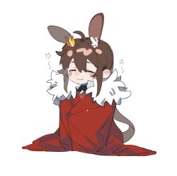Rule 34 | ^ ^, ahoge, animal ear fluff, animal ears, arknights, ascot, black ascot, blush stickers, brown hair, brown vest, cape, closed eyes, closed mouth, crown, fur-trimmed cape, fur trim, hair between eyes, highres, long hair, mini crown, molu stranger, rabbit ears, red cape, simple background, smile, very long hair, vest, white background