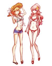 Rule 34 | 2girls, bikini, bikini top only, blonde hair, blue shorts, bow, cagalli yula athha, collarbone, full body, grin, groin, gundam, gundam seed, hair ornament, hat, hat bow, jacket, lacus clyne, long hair, looking at viewer, morihaw, multiple girls, navel, off shoulder, open clothes, open jacket, pink hair, purple eyes, shirt, short hair, short shorts, short sleeves, shorts, simple background, sketch, smile, standing, straw hat, striped bikini, striped clothes, sun hat, swimsuit, tied shirt, very long hair, white background, white bikini, white bow, white jacket, white shirt
