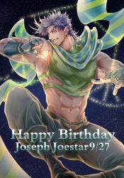 Rule 34 | 1boy, abs, battle tendency, black hair, blue eyes, blue hair, blue scarf, character name, crop top, dated, fingerless gloves, gloves, green scarf, happy birthday, highres, jojo no kimyou na bouken, joseph joestar, joseph joestar (young), male focus, midriff, multicolored clothes, multicolored scarf, p (asobijanenda), scarf, solo, sparkle, striped clothes, striped scarf