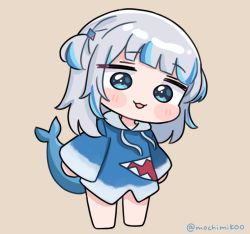 Rule 34 | 1girl, animal costume, blue eyes, blue hair, blue hoodie, blunt bangs, blush, chibi, fins, fish tail, gawr gura, gawr gura (1st costume), head tilt, hololive, hololive english, hood, hoodie, long sleeves, looking at viewer, medium hair, mochimiko, multicolored hair, open mouth, puffy cheeks, shark costume, shark tail, smile, solo, streaked hair, tail, two side up, virtual youtuber, white hair, wide sleeves