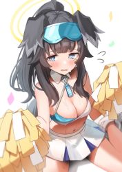 Rule 34 | 1girl, blue archive, blush, breasts, cheerleader, half-closed eyes, hibiki (blue archive), hibiki (cheer squad) (blue archive), highres, millennium cheerleader outfit (blue archive), nekonosippo0702, sitting, skirt, solo, sticker on face, sweat, tagme