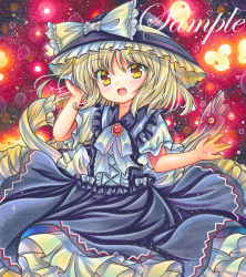 Rule 34 | 1girl, :d, black hat, black skirt, blonde hair, blush, bow, brooch, collared shirt, frilled bow, frilled hat, frilled shirt collar, frilled skirt, frills, hat, hat bow, jewelry, looking at viewer, marker (medium), medium hair, open mouth, red background, red brooch, rui (sugar3), sample watermark, shirt, short sleeves, skirt, smile, solo, touhou, touhou (pc-98), traditional media, watermark, white bow, white shirt, yellow eyes, yuki (touhou)