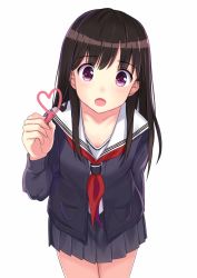Rule 34 | 1girl, :d, :o, black hair, black skirt, blush, brown hair, cardigan, cowboy shot, drawing, heart, highres, holding, itachi kanade, leaning forward, light smile, long hair, looking at viewer, marker, neckerchief, open cardigan, open clothes, open mouth, original, pleated skirt, purple eyes, red neckerchief, school uniform, serafuku, simple background, skirt, smile, solo, thighs, white background