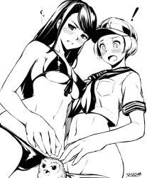 Rule 34 | !, 2girls, bad id, bad twitter id, bare arms, bare shoulders, bikini, bird, blush, breasts, commentary request, copyright request, crop top, dutch angle, embarrassed, fingernails, greyscale, hat, long hair, looking down, lowleg, lowleg panties, medium breasts, monochrome, multiple girls, nanahime, navel, open mouth, owl, panties, parted lips, school uniform, serafuku, short hair, short sleeves, signature, simple background, standing, swimsuit, underwear, white background, wide-eyed