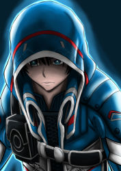 Rule 34 | 1boy, blue eyes, fidel camuze, hood, hoodie, male focus, no.08 (hachi), serious, short hair, solo, star ocean, star ocean integrity and faithlessness