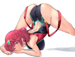 Rule 34 | 1girl, ass, back, back cutout, black one-piece swimsuit, breasts, clothing cutout, competition swimsuit, earrings, headpiece, jack-o&#039; challenge, jewelry, large breasts, looking at viewer, meme, one-piece swimsuit, pyra (pro swimmer) (xenoblade), pyra (xenoblade), red eyes, red hair, red one-piece swimsuit, short hair, sideboob, simple background, smile, solo, spread legs, swimsuit, thighs, top-down bottom-up, two-tone swimsuit, white background, xenoblade chronicles (series), xenoblade chronicles 2