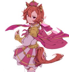 Rule 34 | 1girl, animal ears, armor, cape, cowboy shot, ear piercing, from side, highres, horse ears, horse girl, horse tail, jewelry, looking at viewer, multiple rings, nanaheibei 3, orange hair, piercing, pink cape, pink eyes, pink skirt, ring, shirt, short hair, shoulder armor, simple background, skirt, smile, solo, t.m. opera o (umamusume), tail, thighhighs, two-tone skirt, umamusume, white background, white shirt, white skirt