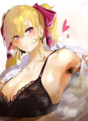 Rule 34 | 1girl, absurdres, armpit hair, armpits, black bra, blonde hair, bra, breasts, hair ribbon, hero neisan, highres, large breasts, long hair, nijisanji, open clothes, open shirt, puckered lips, purple eyes, ribbon, shirt, solo, steaming body, sweat, takamiya rion, twintails, underwear, undressing, upper body, virtual youtuber, wet, wet clothes, wet shirt